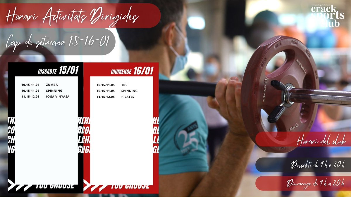 A punt per a les activitats del cap de setmana? Doncs aquestes són les que podreu fer al club.

#CrackSportsClub #Fitness #AADD #Horaris #Dissabte #Diumenge #Granollers #VallèsOriental