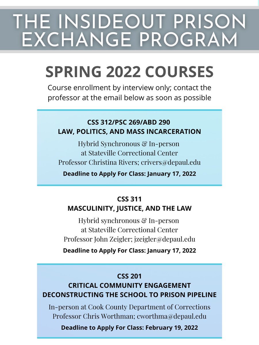 You must apply for the Insideout Prison Exchange Program courses for Spring quarter and the deadlines are rapidly approaching! Reach out to the professors ASAP if you are interested!