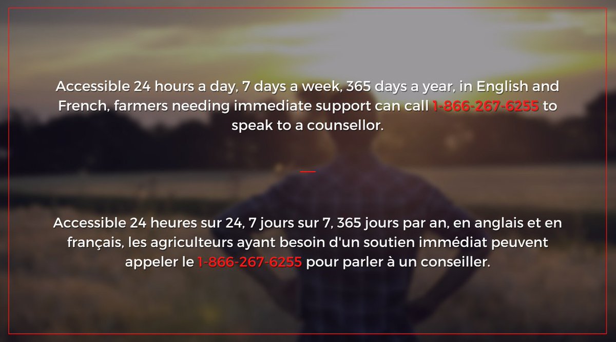 OntarioFarms's tweet photo. Immediate mental health support is now available for all farmers across Ontario. Accessible 24 hrs a day, 7 days a week, 365 days a year, in English &amp; French, farmers needing immediate support can call 1-866-267-6255 to speak to a counsellor. More info 👉 https://t.co/4Lp7bYhqaB https://t.co/PHnVPbSWE8