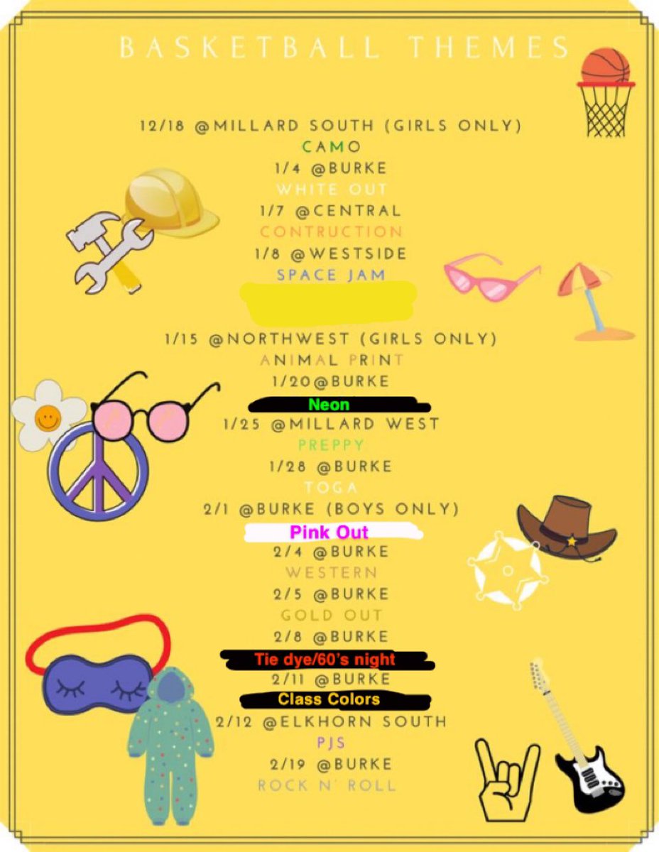 BurkeGoldenArmy's tweet photo. *IMPORTANT*
There have been some changes to the themes for the upcoming basketball games
1/20 Theme is now Neon
2/1 Theme is now Pink Out
2/8 Theme is now Tie-dye/60’s night
2/11 Theme is now class colors https://t.co/lJ8R14UJpC