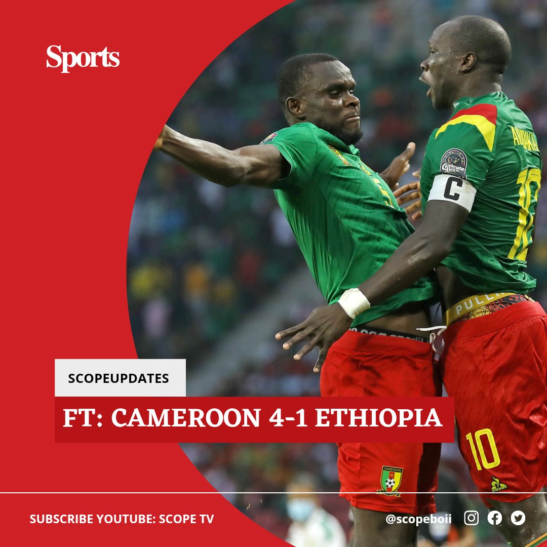 Scopemediatz's tweet photo. FT: Cameroon 4-1 Ethiopia
⚽ Ekambi 8', 67' & Aboubakar 53', 55' (Cameroon)
⚽ Hotessa 4' (Ethiopia)
#scopeboii #scopetv #AFCON2021 https://t.co/XTIw1toebn