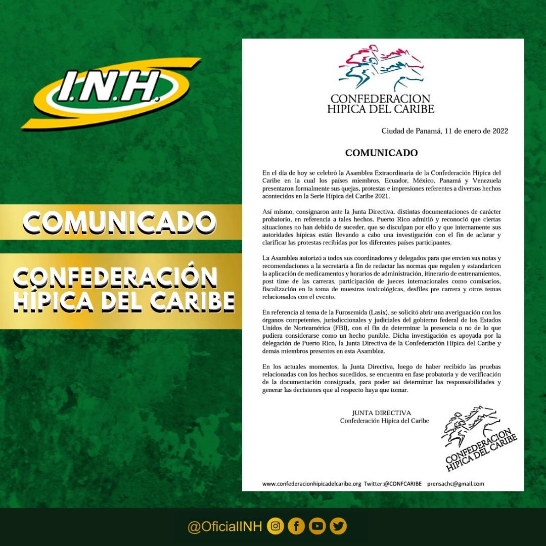 OficialINH's tweet photo. 📣 La @ConfCaribe realizó un Comunicado Oficial 📄 en el cuál expresan que se presentaron en la Asamblea Extraordinaria las quejas, protestas e impresiones referentes a los diversos acontecimientos en la Serie Hípica del Caribe 2021, de Camarero - Puerto Rico.

#Hipismo https://t.co/toKAykIZHt