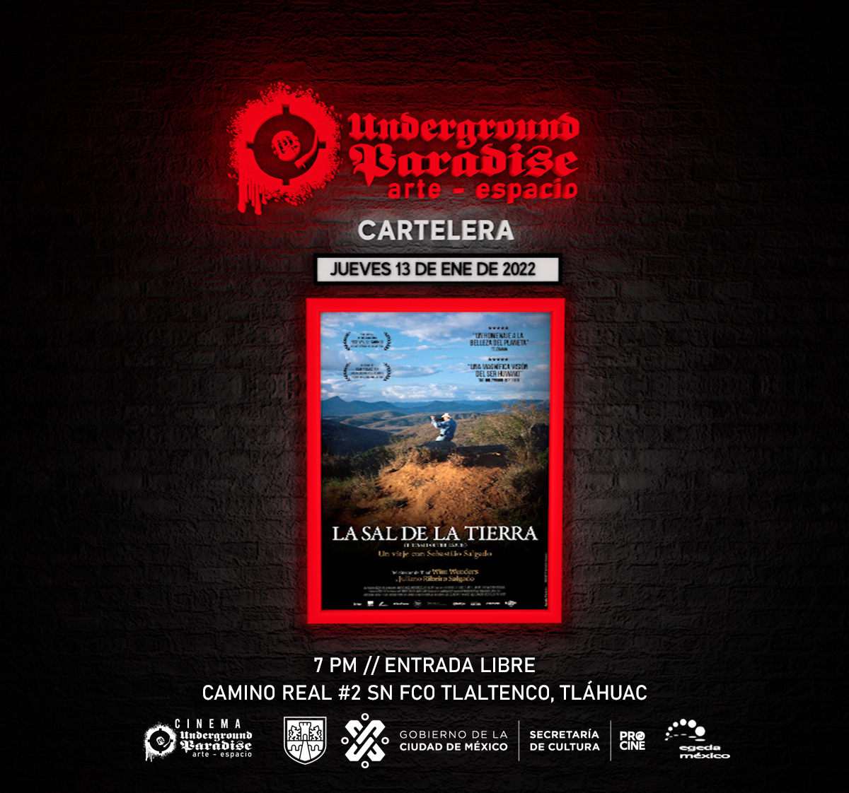 upmx_'s tweet photo. Jueves 13 de enero del 2022
🎬 LA SAL DE LA TIERRA, Francia-Brasil-Italia, 2014, Dir. Wim Wenders (110 min).
Inicio de función: 19:00 hrs.
///// ENTRADA LIBRE ///// https://t.co/qXMthbayGn