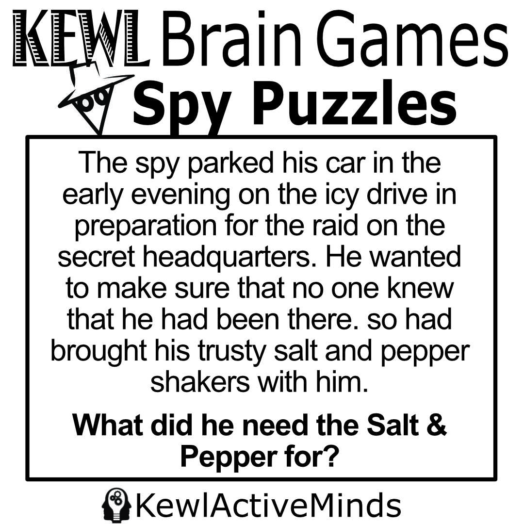 MindsMeld's tweet photo. What were the Salt &amp; Pepper For?
Daily MindMeld #305 – Spy Games
ANSWER - https://t.co/40mBDBREGm

#spy #wordpuzzle #wordpuzzles #braingames #puzzle #puzzles #iq #iqtest #puzzletime #braintest #brainteaser #brainteasers #testyourmind #logical #logicalthinking #logicchallenge https://t.co/3HXsyq7C8x