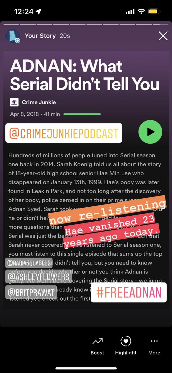 crimedoor's tweet image. Highly recommend giving this @CrimeJunkiePod episode a re-listen today.
You’ll hear a concise review of facts (four points, to be precise) not presented in @serial that additionally point to Adnan’s innocence.

#freeadnan #AdnanSyed @rabiasquared @jeepsr4chcks @CJBrownLaw #crime