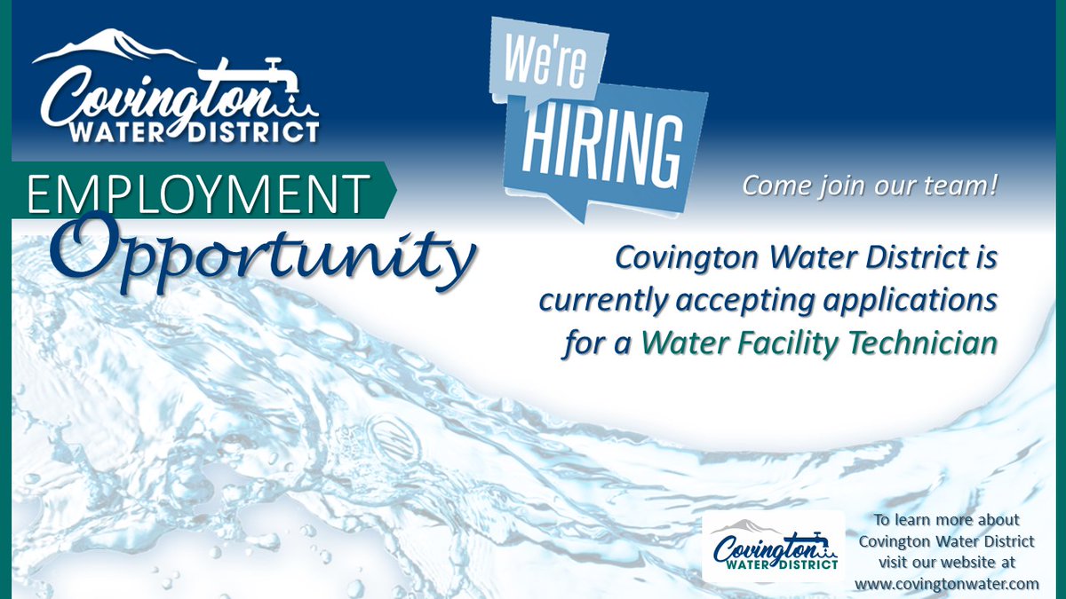 Covington_Water's tweet photo. Come join our team! We are currently accepting applications for a Water Facility Technician position. Visit our website at https://t.co/yF6enYuQaG to learn more. https://t.co/N5TcLjvHwi