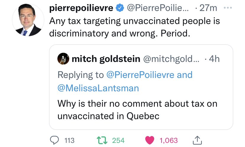 canmericanized's tweet photo. Since @PierrePoilievre and other Conservative MPs came out against a discriminatory tax on the unvaxxed, should @erinotoole do the same? Like and RT if you agree. https://t.co/a1Yt5vnOvv