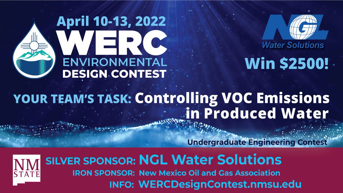🌊Engineering Students🌊Help water recycling efforts. Win $2500! Design the best process for controlling VOC Emissions in Produced Water. Enter the WERC Environmental Design Contest, April 10-13 2022. #WERCDC Learn more👉 bit.ly/3IXdiYU