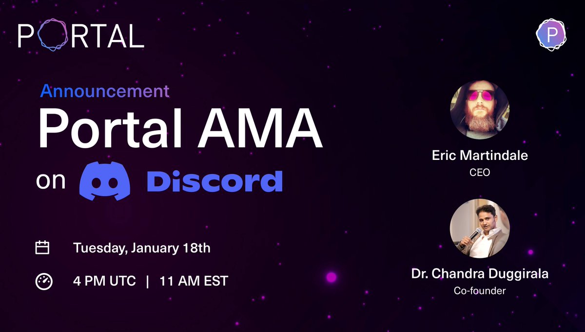 PortaltoBitcoin's tweet photo. Portal is back with our 2nd Dev Team #AMA session on Discord!

When: 18 Jan at 11 AM EST 

Where: https://t.co/2xNG3KNeoW

🎙️Speakers: Our CEO, @martindale and Co-founder, @csentropy 

Read more: https://t.co/JVnjYTQ4D3

See you there!

#Portal #DeFi #Bitcoin https://t.co/ELxQWUGwDr