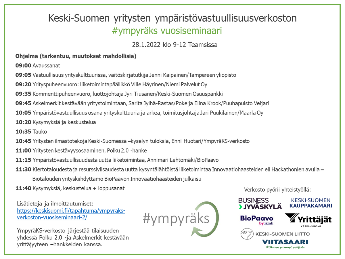 KS_kauppakamari's tweet photo. Tervetuloa mukaan #Ympyräks-verkoston vuosiseminaariin 28.1. Tilaisuudessa kuullaan vastuullisuudesta ja kestävyydestä mm. osaamisen, rahoituksen ja liiketoiminnan kehittämisen näkökulmista. https://t.co/F8RaA3E6yM
#vastuullisuus #kestäväyritystoiminta #ympäristö #ilmastoteko https://t.co/wATNvRhW1r