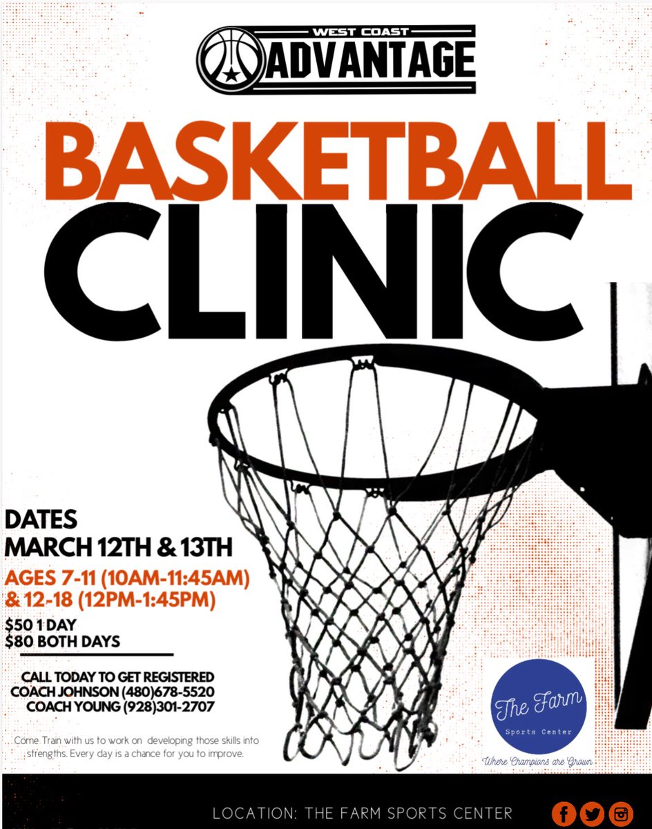 WestCoastAdvant's tweet photo. 🚨 March Basketball Clinic with WCA
DATES: March 12th &amp; 13th
AGES &amp; TIME 7-11(10AM-11:45AM) 12-18(12PM-1:45PM)
COST: $50 1DAY or $80 FOR BOTH
Contact me or Coach Young (928)301-2707 for more information
🔴 20 Student Athlete Max Per session https://t.co/1M8LxVJp9e