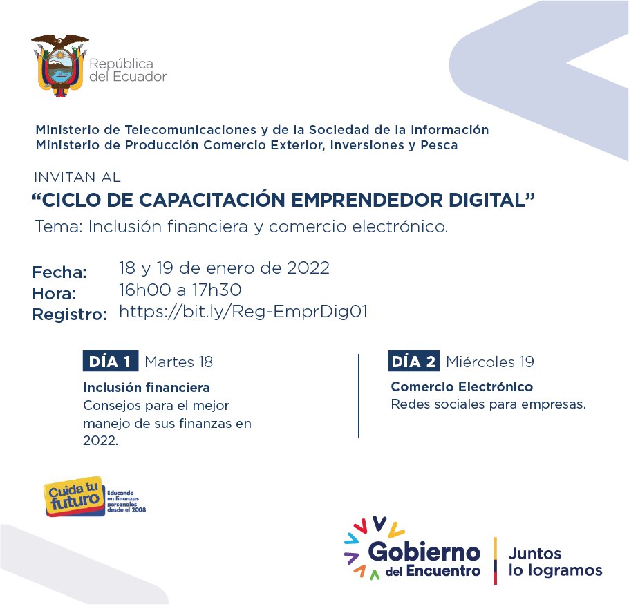 #CAPACITACIÓN🚨 | Este 18 y 19 de enero se realizará el Ciclo de capacitación emprendedor digital.

Inscríbete de forma gratuita aquí. ➡️ bit.ly/Reg-EmprDig01

#ComercioElectrónicoEc🛒
<a href="/vmaino/">Vianna Maino</a>
