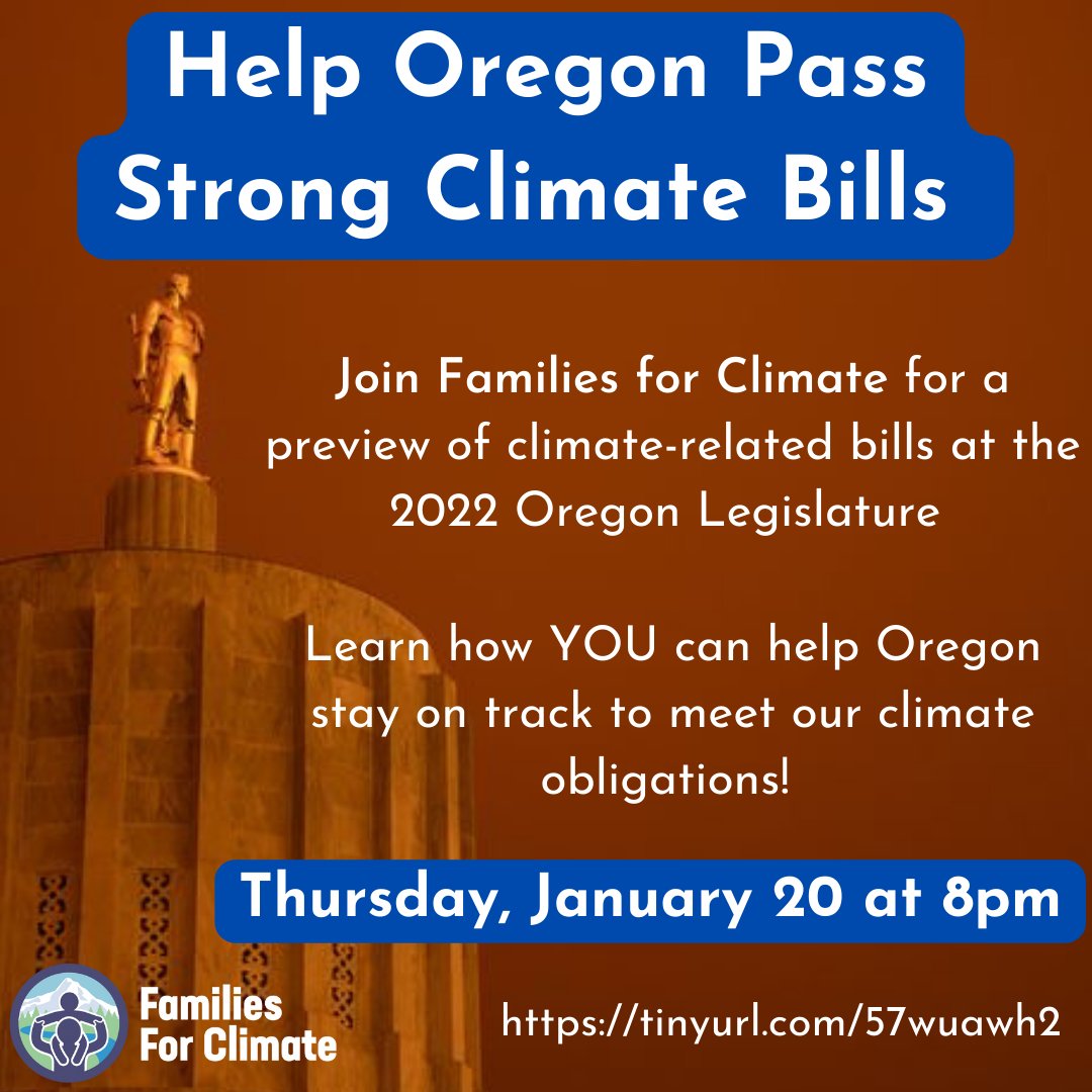 famsforclimate's tweet image. Want to help pass important climate bills coming up next month at the Oregon Legislature? Join us and coalition partners for a webinar next Thursday, Jan. 20th at 8pm to learn about priority climate-related bills, and how YOU can help! Register: tinyurl.com/57wuawh2