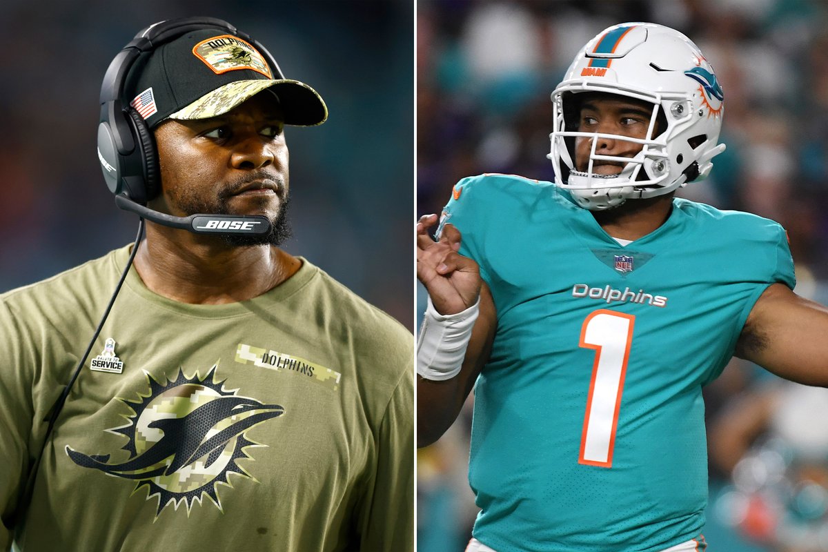 NFL_DovKleiman's tweet photo. During the 2021 season, now fired #Dolphins head coach Brian Flores, told starting QB Tua Tagovailoa that the team should've taken Mac Jones in the Draft, according to @mlombardiNFL https://t.co/0lTcpUKM8U