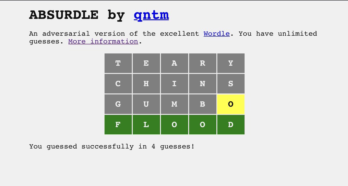 mrflip's tweet photo. @zwegner @qntm That sequence leads to a different answer now but there are still 4-guess wins to find; this one uses only common words: https://t.co/kNM6laqb3E