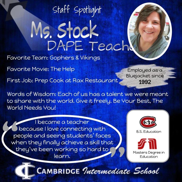 CISBluejackets's tweet photo. Today we recognize Ms. Stock in the CIS Staff Spotlight! Ms. Stock is our dynamic DAPE teacher! She always has a smile on her face. Thank you, Ms. Stock, for sharing your positivity with everyone at CIS!

#Bluejacketpride
#cisstaffspotlight https://t.co/AVxU0fNMes
