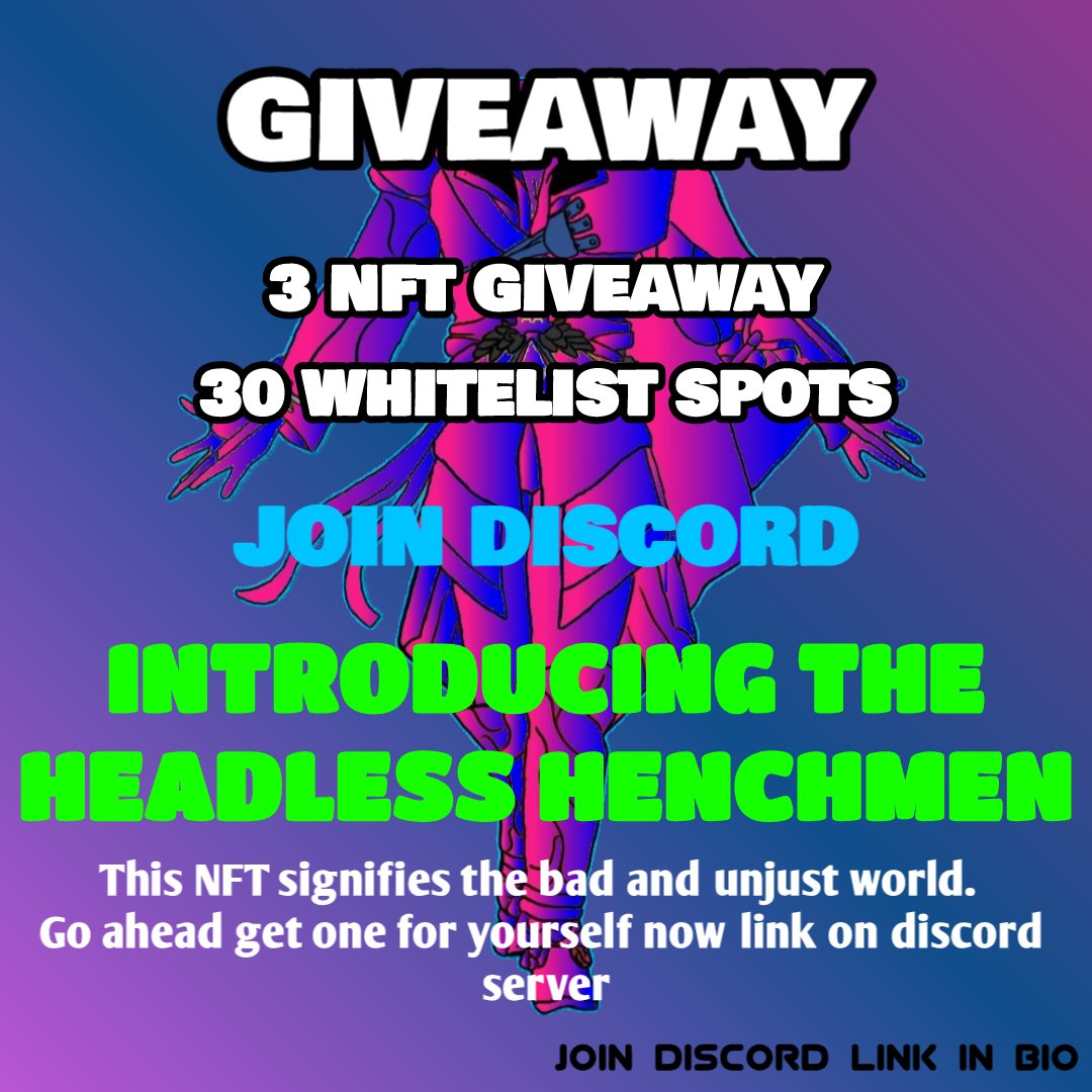 Headless_H_NFT's tweet photo. Huge Giveaway 3 Rare NFTS and 30 Whitelist spots join discord link in bio follow and like this post

#nfts #nft #nftart #nftcommunity #nftcollector #nftartist #cryptoart #digitalart #art #crypto #ethereum #blockchain #opensea #nftcollectors #bitcoin #cryptocurrency #nftdrop https://t.co/RJ0ZxI91YS