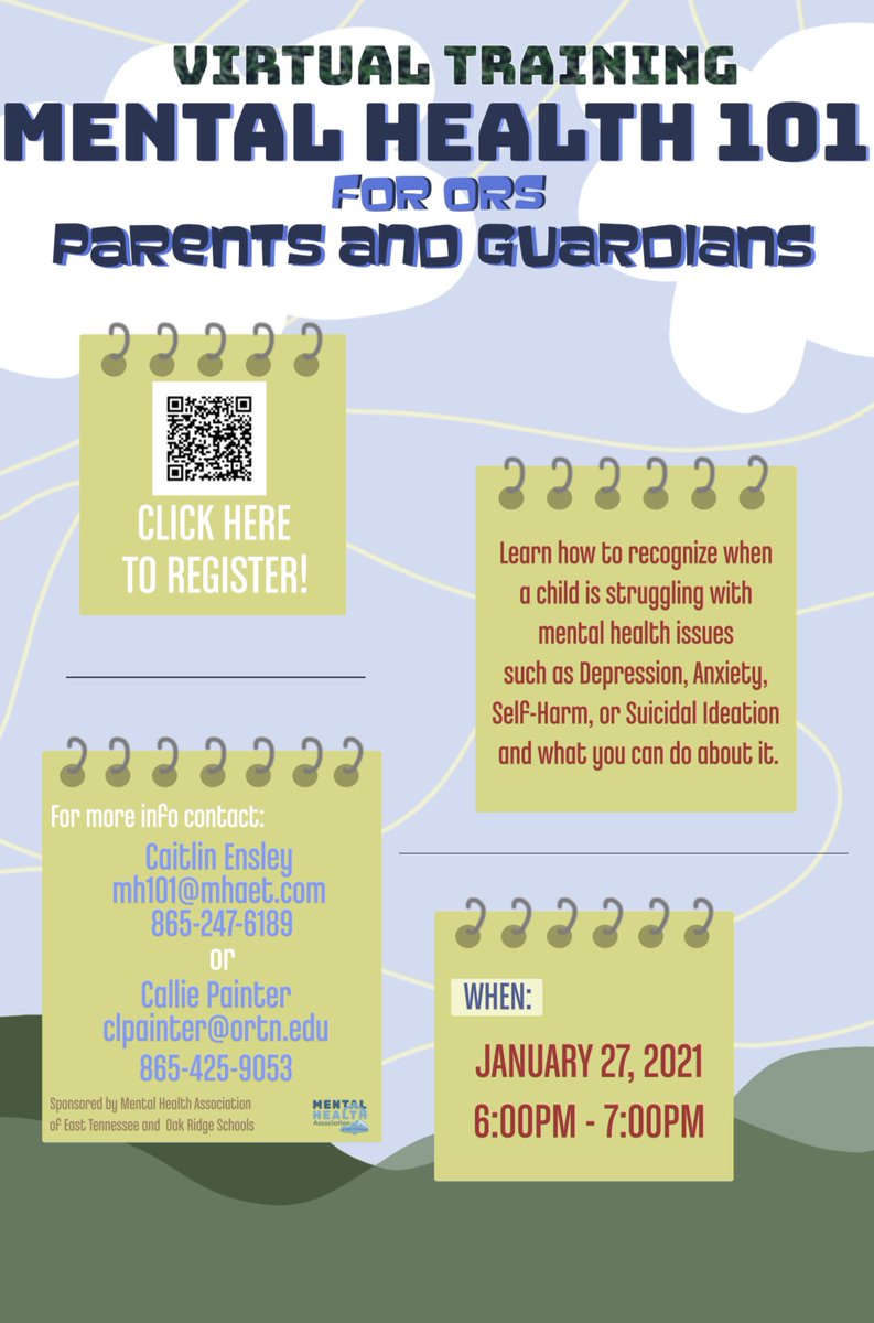 Join us for Mental Health 101 for ORS Parents &amp; Guardians-a virtual event on January 27 @ 6:00 pm! Scan the QR code to register or click bit.ly/ORSmh101
<a href="/ORSchools/">Oak Ridge Schools</a> <a href="/LindenLion/">Linden Elementary</a> <a href="/WBESbears/">Willow Brook Elementary School</a> <a href="/WoodlandHawks/">Woodland Elementary</a> <a href="/GlenwoodCubs/">Glenwood Elementary</a> <a href="/RMSortn/">Robertsville Middle</a> <a href="/JMS_Eagles/">JeffersonMS</a> @ORHSCounseling <a href="/ORHS_Wildcats/">Oak Ridge HS</a>