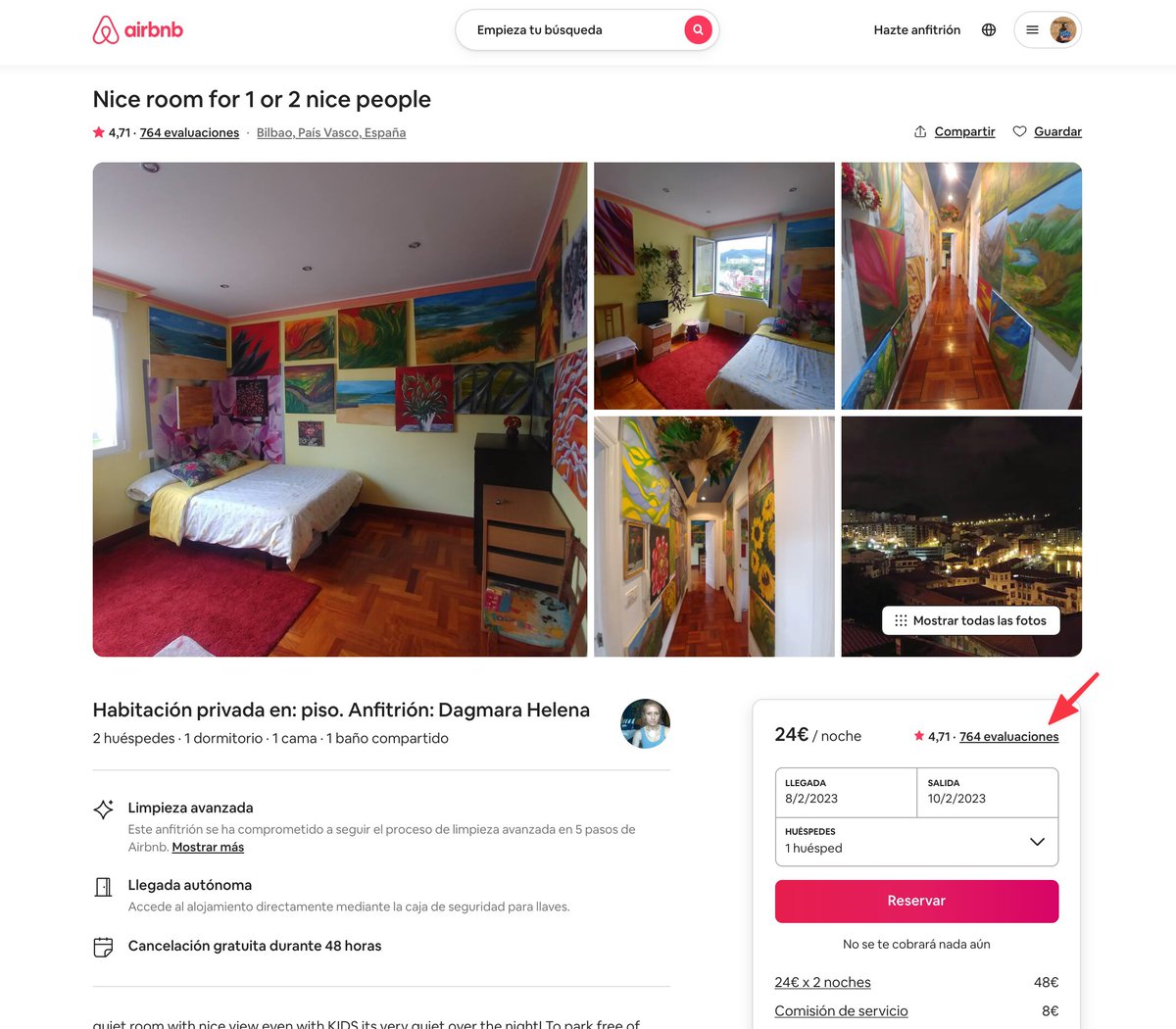 Victoriano Izquierdo Twitter Tweet: I am analyzing all the Airbnbs in Spain (342.000) with @graphext . You will be surprised who has the record of having the most reviews. 

This lady from Bilbao rents a room from 24€ the night with over 764 reviews. 4.7⭐️. The house looks like a museum! https://t.co/lBtO38P3R4 https://t.co/sjlsSmpsRE