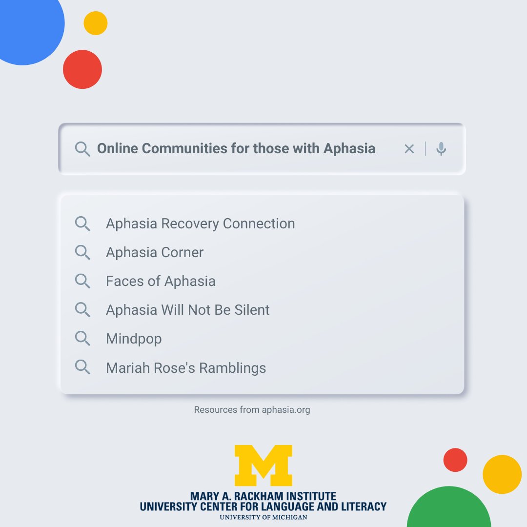 UM_Aphasia's tweet image. Looking to connect with others in the #aphasia community? Here are some online resources including online support groups, blogs written by those with aphasia, and online speech rehab services. Check out more at ow.ly/UKPm50HmKIV ! 
#aphasiarecovery #UMAP #SLPs