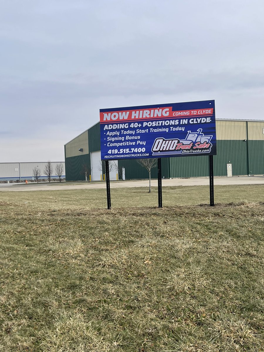 ML_Graphics's tweet photo. New location for @OhioTruckSales   means 2 New “Now Hiring” signs. Thank you for the continued business!
For signs like these or any type of wraps, window decals, or even banners and much more reach out to us at 419-625-8095 and we will be glad to help you out! https://t.co/5dHQpYZ1Ag