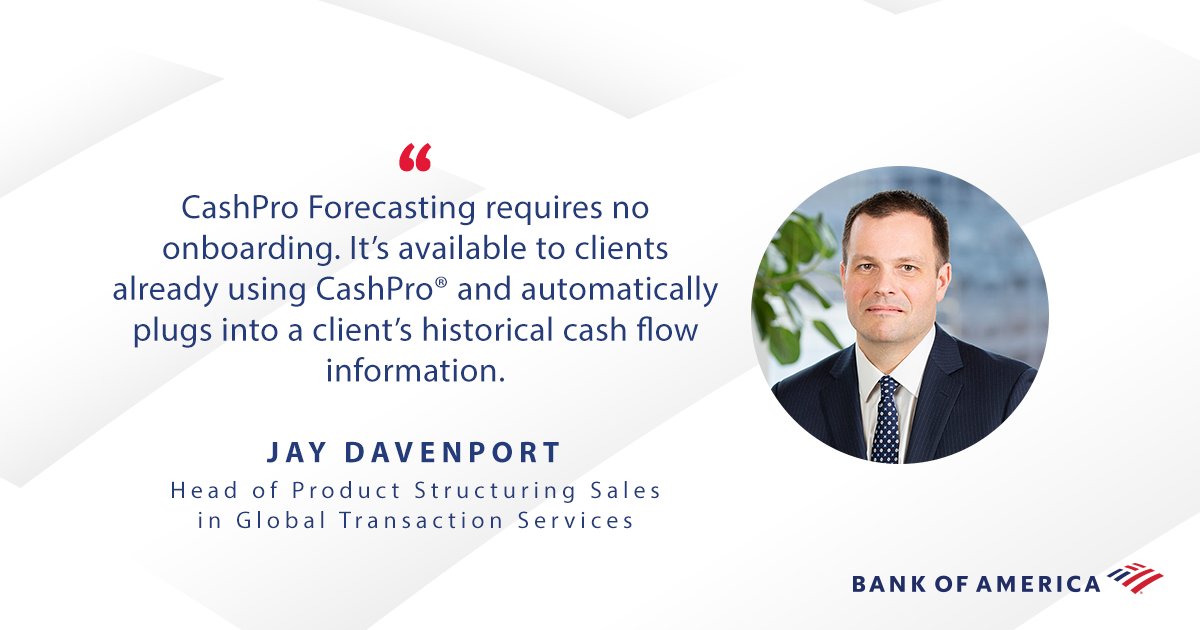 BofA_Business's tweet photo. Developed in collaboration with a #fintech specializing in #AI and ML, #CashPro Forecasting is our new solution helping companies measure future cash needs. https://t.co/BwGHbQDy0L https://t.co/Go9WHCR98j
