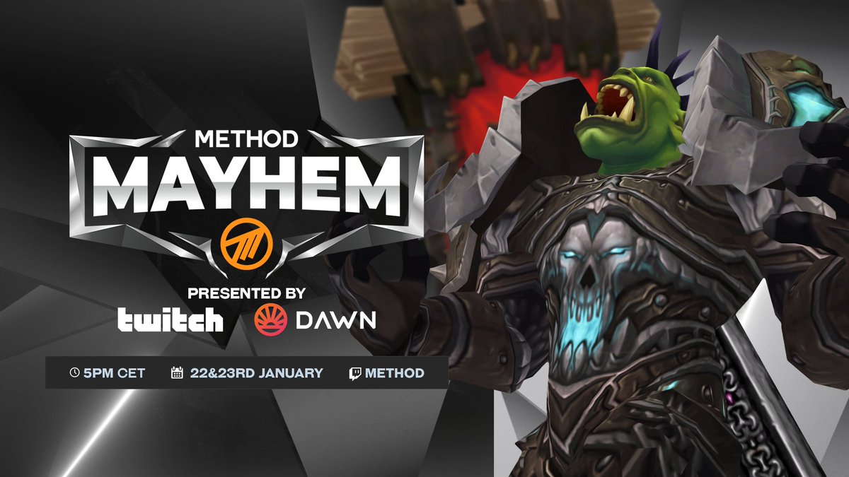 Method Mayhem is back once again and we are excited to present Method Mayhem: Battleground Showdown!

⚔️ 8 Top-Tier RBG teams from EU
💲 $2500 USD Minimum Prize
💰 10 Million Gold powered by @DawnEurope

📰 method.gg/announcing-met…
📆 Jan 22 &amp; 23 | 17:00 CET