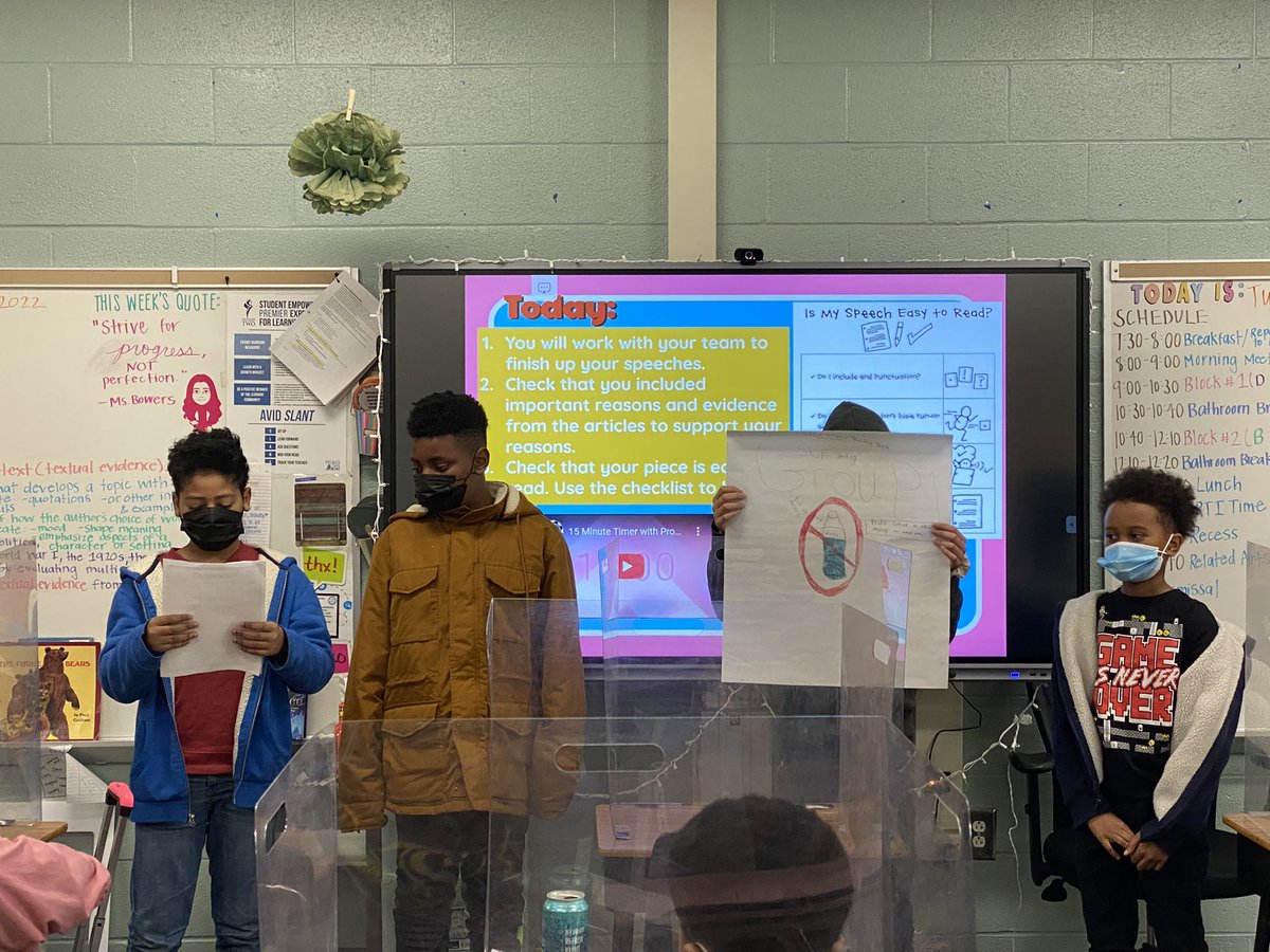 Bowers5th's tweet photo. This week the students constructed their on Group Speeches by collecting textual evidence on how and why plastic bottles are harmful to our environments 🗣 Do YOU know how you could be harming your environment? Come to D6 &amp; we’ll tell you all about it! ♻️ #5thgrade #ELA https://t.co/qAjhCHd4az