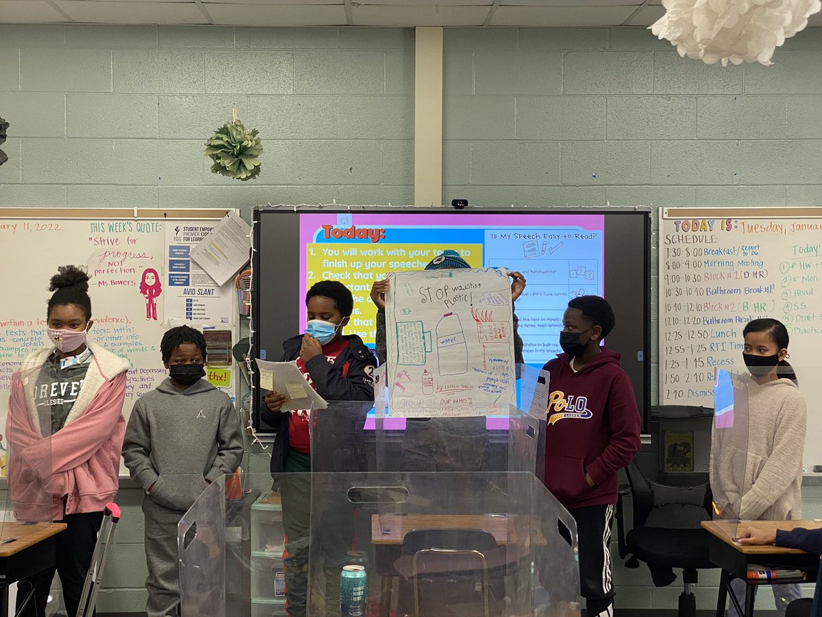 Bowers5th's tweet photo. This week the students constructed their on Group Speeches by collecting textual evidence on how and why plastic bottles are harmful to our environments 🗣 Do YOU know how you could be harming your environment? Come to D6 &amp; we’ll tell you all about it! ♻️ #5thgrade #ELA https://t.co/qAjhCHd4az