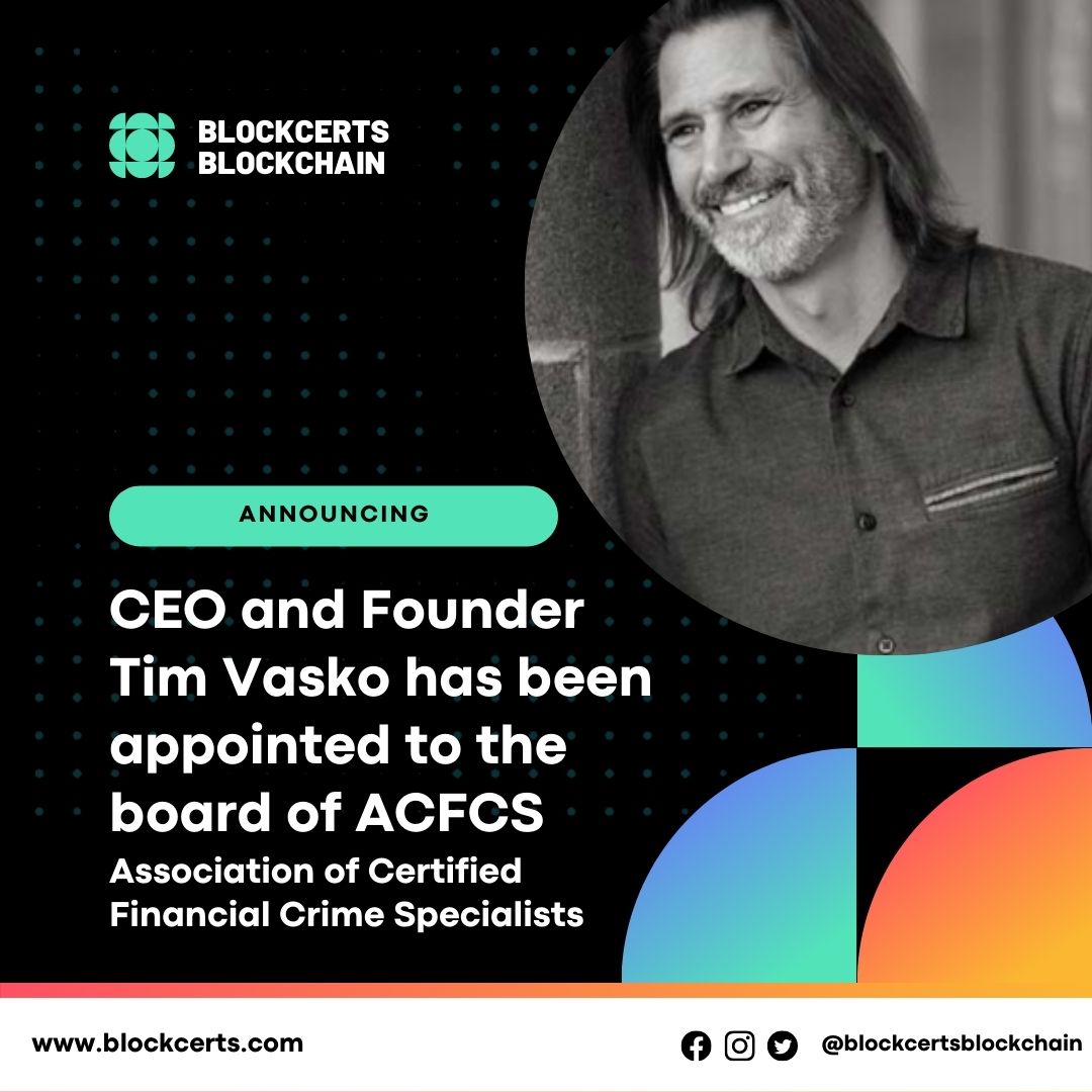 We're pleased to announce CEO Tim Vasko's new position with #ACFCS, and look forward to them working together to fight financial crime and use #blockchain technology to protect businesses and consumers!