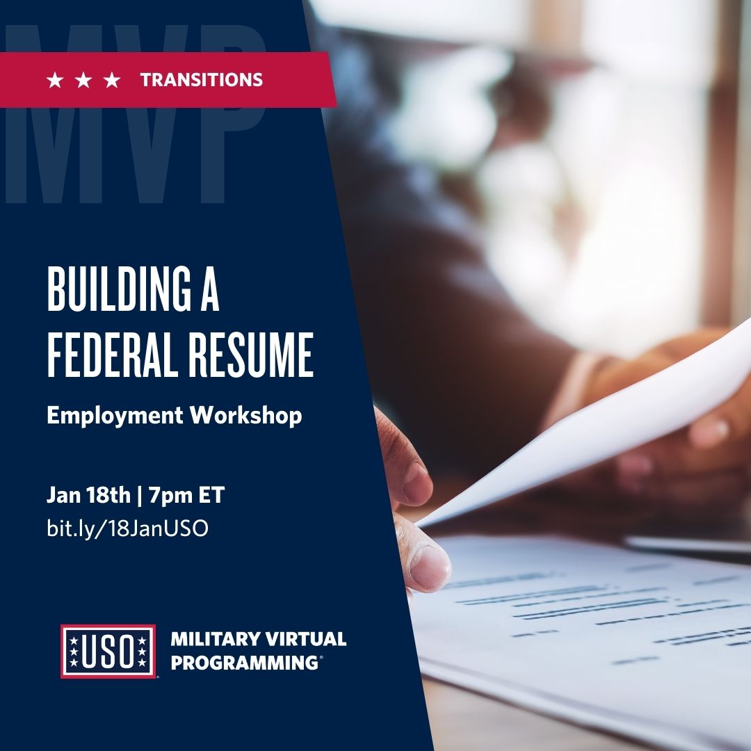 Are you interested in finding out more about the federal employment process? Join the USO on January 18 at 7 p.m. ET to learn how to build a standout federal resume. Register here: bit.ly/18JanUSO #USOTransitions
