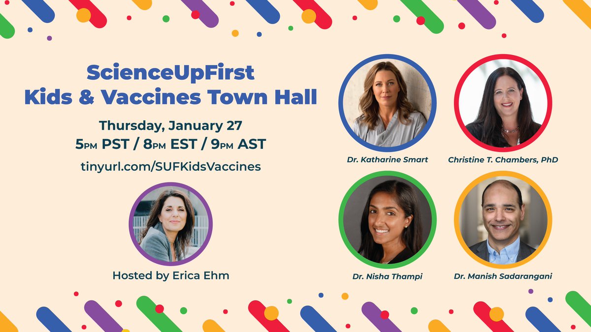 Questions about kids’ COVID-19 vaccines?

Ask the experts at our Kids &amp; Vaccines Town Hall - January 27th at 8pm ET

With:
@NishaOttawa
<a href="/manishs_/">Manish Sadarangani</a>
<a href="/KatharineSmart/">Dr. Katharine Smart</a>
<a href="/DrCChambers/">Dr. Christine Chambers</a>

Hosted by <a href="/EricaEhm/">Erica Ehm</a>

Sign up: tinyurl.com/SUFKidsVaccines

#ScienceUpFirst #LaSciencedAbord #KidsVaccinesDay