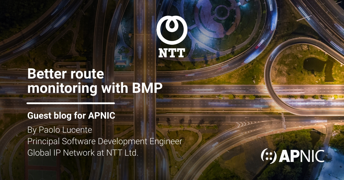 GinNTTnet's tweet photo. Our own Paolo Lucente from the #globalipnetwork #AS2914 team recently wrote on better route monitoring with the BGP Monitoring Protocol. Learn about the key advantages and benefits: https://t.co/vAHtPEQuWY.

@Paolo_Lucente @GlobalNTT @apnic #BGP #routing https://t.co/QW8Rm62XQc