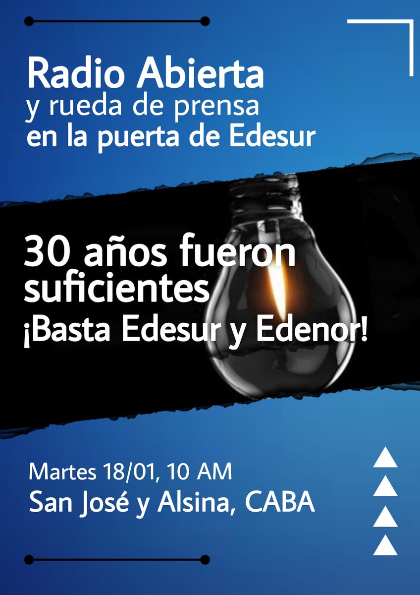 A 30 años de las privatizaciones de los servicios públicos, de un servicio deficiente por parte de Edesur y Edenor, en el medio de los cortes de luz que tanto afectan a la población, decimos: ¡BASTA! Sumate! La lucha es colectiva. 
#BastaEdesur
#BastaEdenor
#RevisiónDeLaConcesión