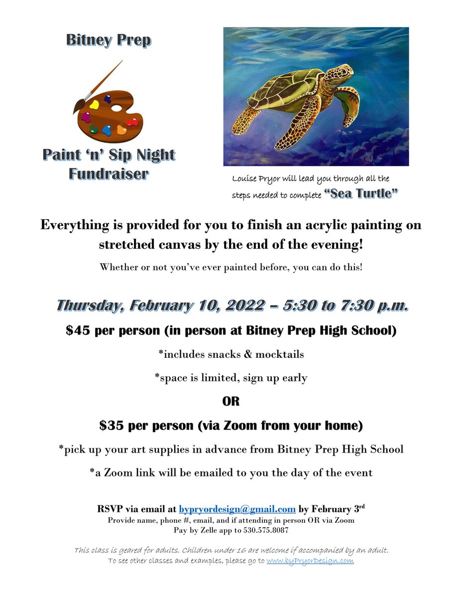 bitney_prep's tweet image. PAINT 'N' SIP NIGHT FUNDRAISER!
Thursday, Feb. 10 from 5:30 - 7:30
RSVP by Feb. 3rd to bypryordesig@gmail.com
See Flyer for More Details!