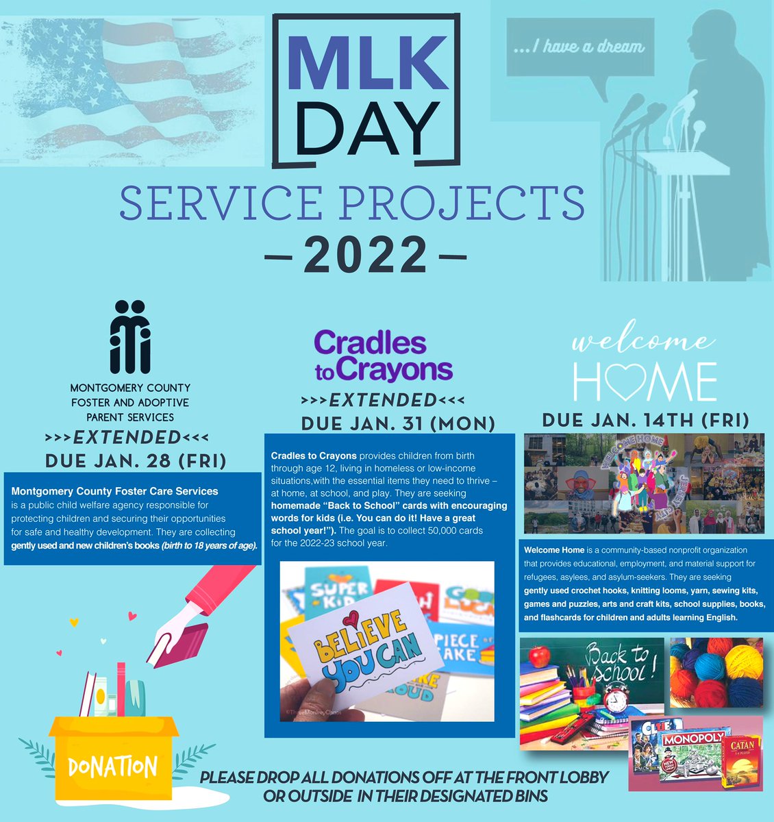 MontgomeryEleme's tweet photo. Montgomery’s MLK Service Projects
Donations to Montgomery County Foster Services is extended to Jan. 28th (Friday). 

Cradles to Crayons Project extended to Jan. 31 (Mon) - this is a great project to work on during a rainy or snowy day! #MLKDay2022 https://t.co/hwllYHksTZ