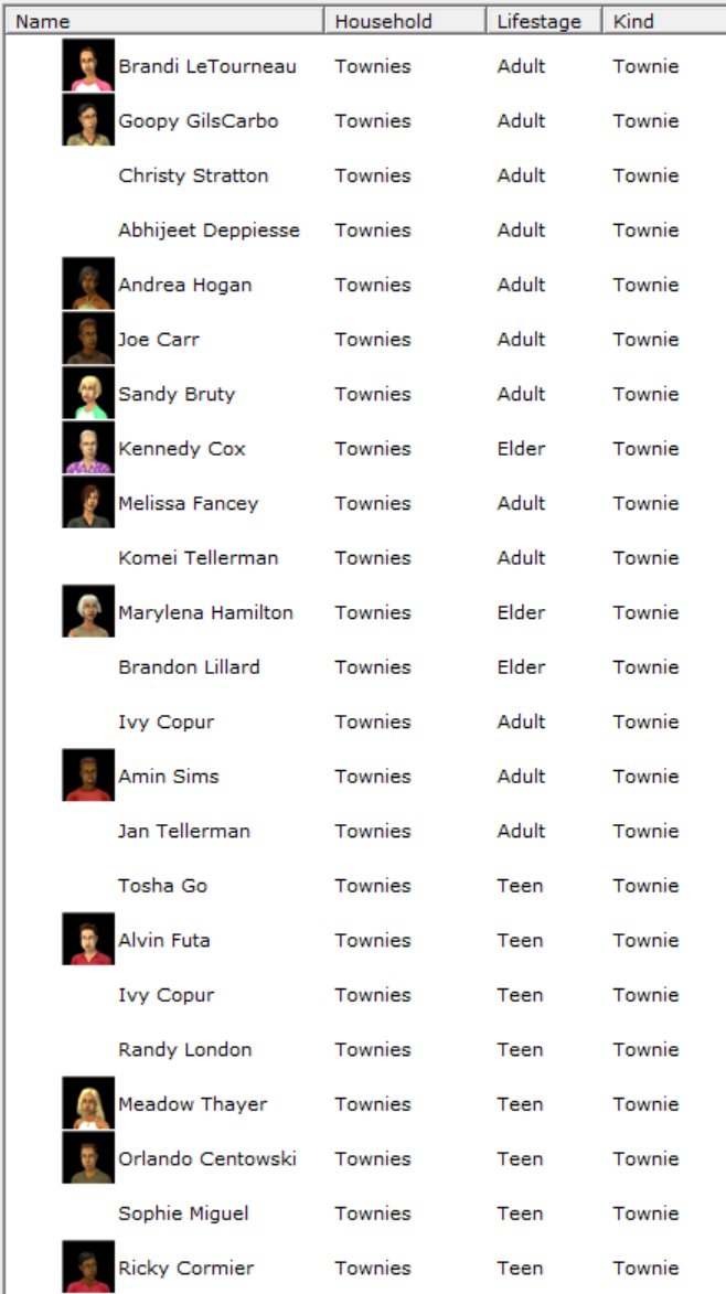 jamesavery7890's tweet photo. Any Sims 2 experts know why some townies belong to a "Household" (column 2 in first picture) here shown as Sparks, Sherman, Powell, etc.? This is as opposed to the others being part of "Townies" #Sims2 #SimsPE https://t.co/EnlZB6MseQ
