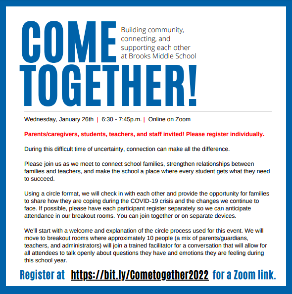 Brooks- Join us on January 26th! Students, Families and Staff! RSVP at: bit.ly/Cometogether20…. #Oakpark97 #BeBrooks97 #op97