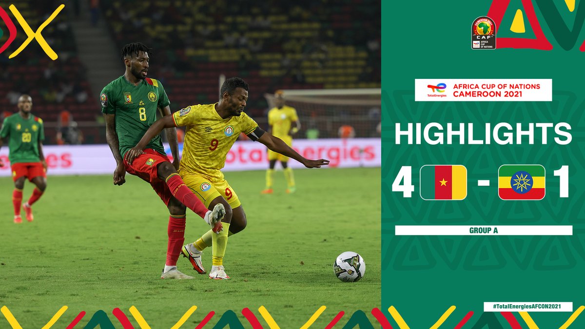 📹 𝐇𝐈𝐆𝐇𝐋𝐈𝐆𝐇𝐓𝐒: 🇨🇲 4-1 🇪🇹

Aboubakar & Ekambi shine as #TeamCameroon cruise past #TeamEthiopia with a 4-1 win. 👏

#TotalEnergiesAFCON2021 | #AFCON2021 | #CMRETH | @Football2Gether