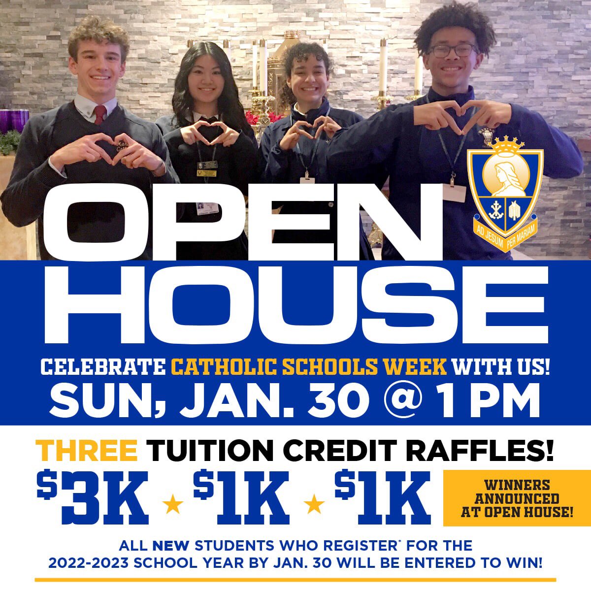 Marian_CathHS's tweet photo. #FutureColts #FutureFillies OPEN HOUSE, Sunday, January 30 at 1pm! All NEW students who register for 2022-23 school year by January 30 will be entered to WIN one of our THREE tuition credit raffles! RSVP at https://t.co/7QdA06AYVa Welcome to the #MarianFamily! #BeMarian 💙💛🐴 https://t.co/TVRSCyAXGx