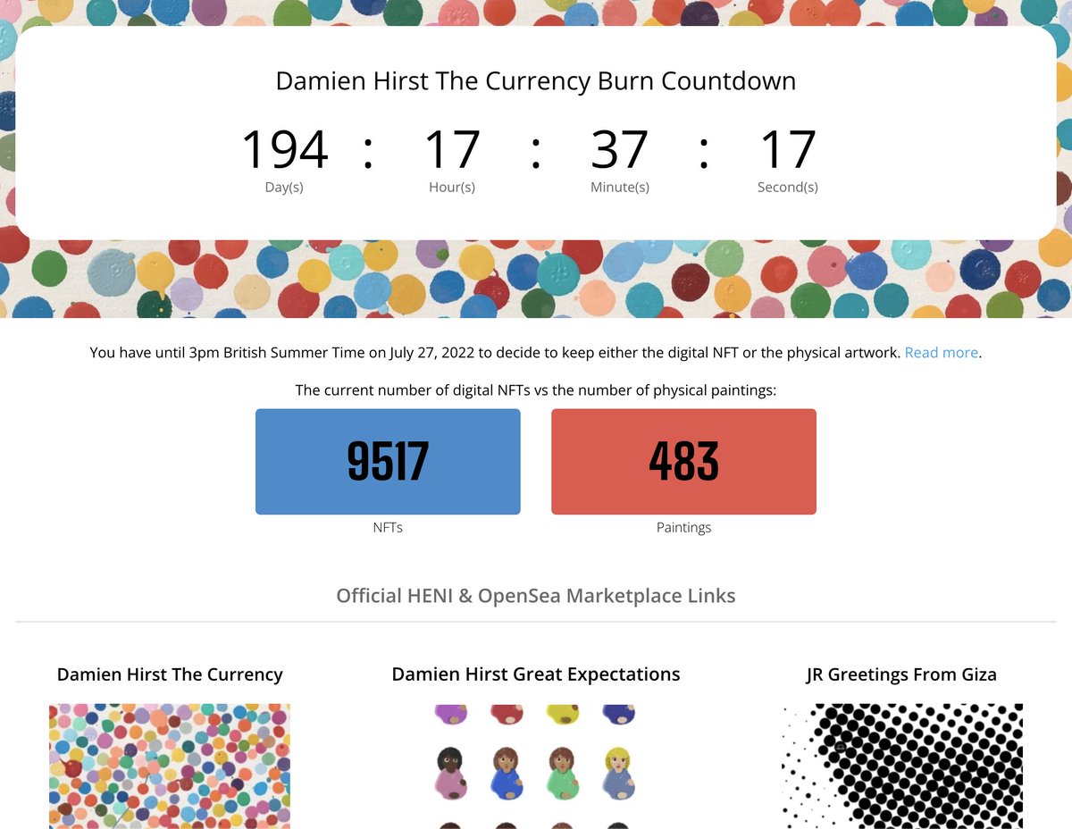 Damien Hirst The Currency Burn Countdown and Burn Tracker website >> makimu.com