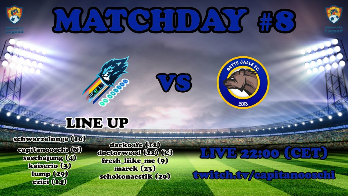 No Guts, No Glory! <a href="/WapesLeague/">WAPES League 11vs11</a> Legend League Round 8. Tonight against <a href="/BetteJalle/">Bette Jalle FC</a> 💪💪💪 Watch it live 22:00 (CET) --> twitch.tv/capitanooschi
#wapesleague #fullmanual #11vs11 #PES2021
