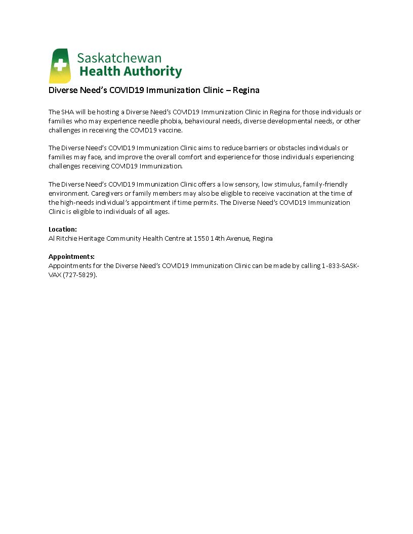 RegPublicSchool's tweet photo. YQR school families! @SaskHealth is hosting a Diverse Needs COVID19 Immunization Clinic for those with needle phobia and other challenges or needs. It's at the Al Ritchie Comm Health Centre. For appointment call 1-833-SASK-VAX (727-5829). https://t.co/n7jxFDjaln