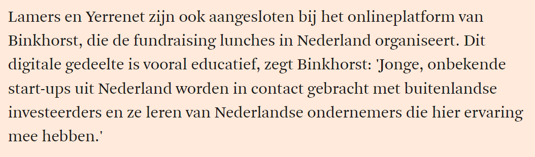 This is an excerpt from our story with Financieel Dagblad about DutchTechInc—IRL &amp; URL. More details soon. Giddy up.

'De fysieke aanwezigheid in de VS of Californië die eerst noodzakelijk was, is minder belangrijk geworden.' - <a href="/obinkhorst/">Oliver Binkhorst</a>