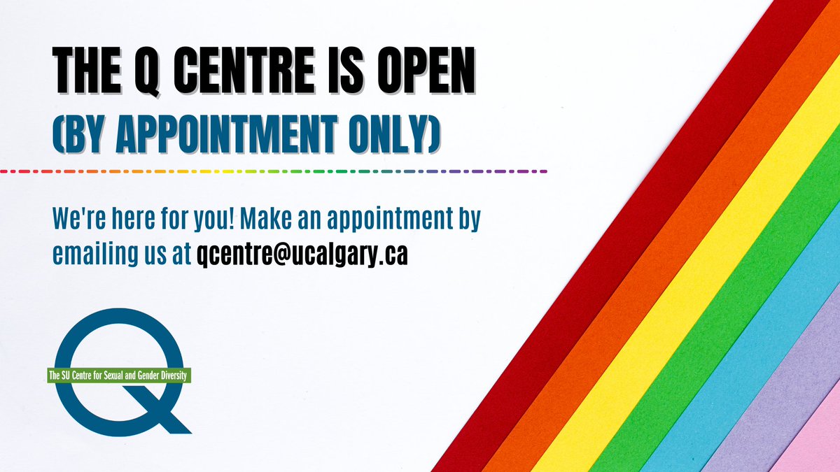 We’re so excited to be back and chatting with you! Right now, our space is closed for drop-ins but we are continuing our services by appointment only. Please don’t hesitate to send us a message or email us at qcentre@ucalgary.ca for any questions. 🌈🌈