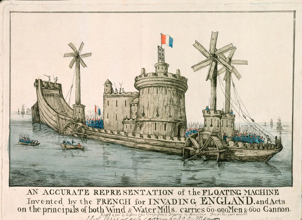 Trois_Ponts's tweet photo. Au début de l'année 1798, l'Angleterre craint une tentative d'invasion française. La presse britannique publie une série de dessins censés représenter les "nouvelles machines françaises" imaginées pour franchir la Manche et débarquer sur les côtes anglaises. https://t.co/wiBsHH669h