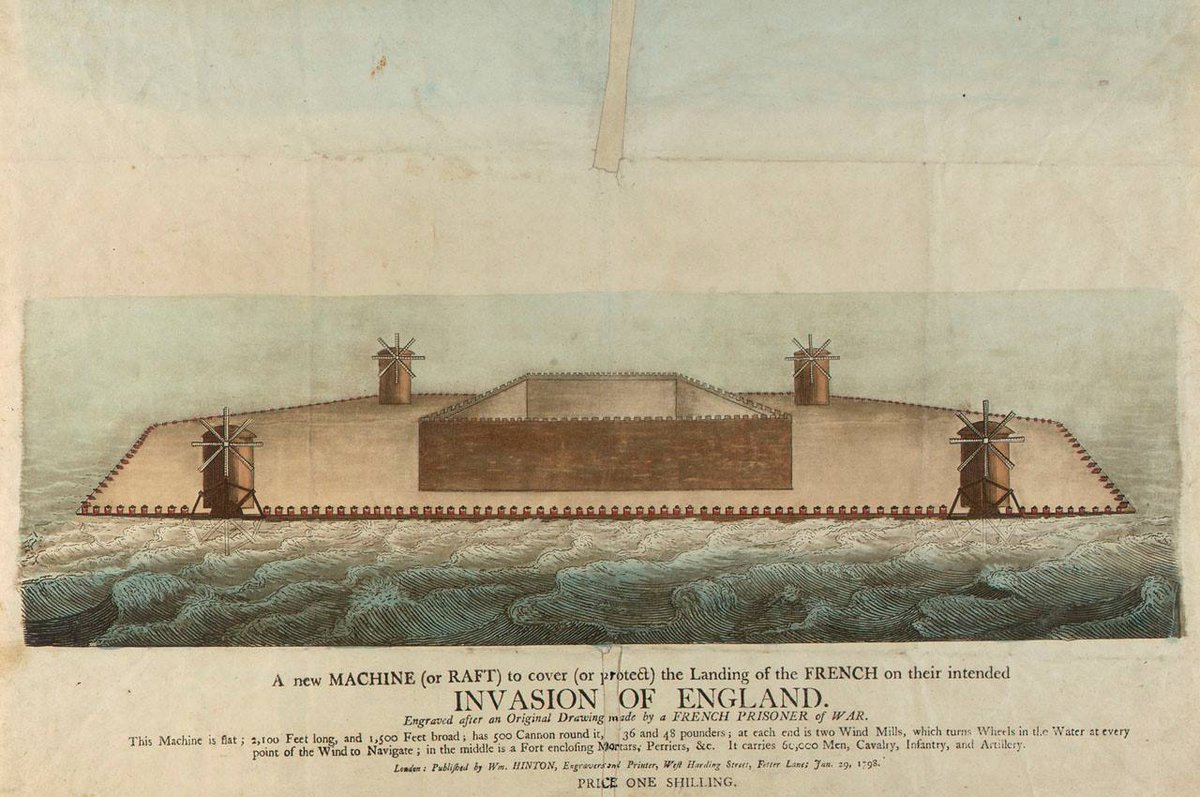 Trois_Ponts's tweet photo. Au début de l'année 1798, l'Angleterre craint une tentative d'invasion française. La presse britannique publie une série de dessins censés représenter les "nouvelles machines françaises" imaginées pour franchir la Manche et débarquer sur les côtes anglaises. https://t.co/wiBsHH669h