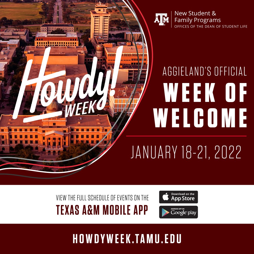 Texas A&M New Student & Family Programs on X: Howdy Week starts next week!  The schedule is now live on the Howdy Week website and the Texas A&M  mobile app. There is