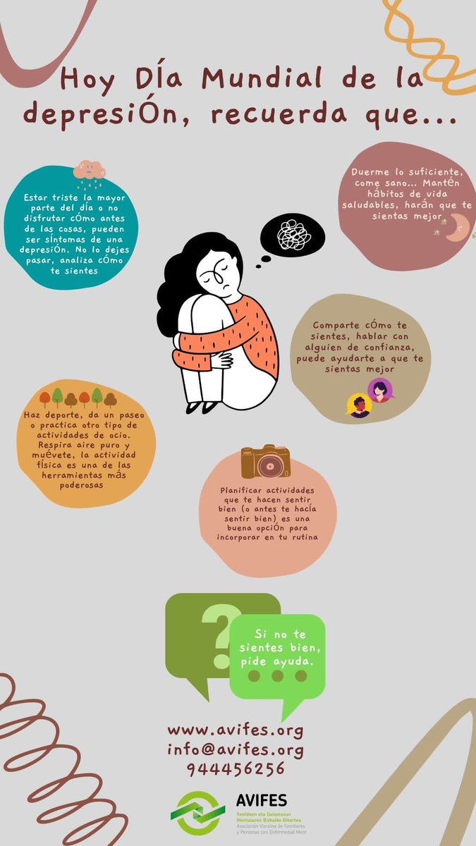 avifes's tweet photo. Hoy #DiaMundialContraLaDepresion recuerda estos consejos que nos pueden ayudar, y lo más importante:
 🙌Si no te sientes bien,pide ayuda, en AVIFES , siempre a tu lado
https://t.co/KpLcNcnxSd
info@avifes.org
944456256 https://t.co/B1XrfgbosM