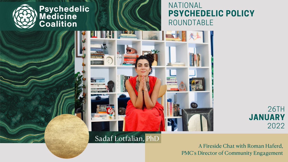 At PMC's Nat'l Psychedelic Policy Roundtable, Sadaf Lotfalian, PhD--a clinical psychologist &amp; psychedelic-assisted psychotherapist--will discuss her work to create a therapeutic process for those harmed &amp; those who caused harm in psychedelic ceremonies. DM w/Qs for her Q&amp;A! #PMC